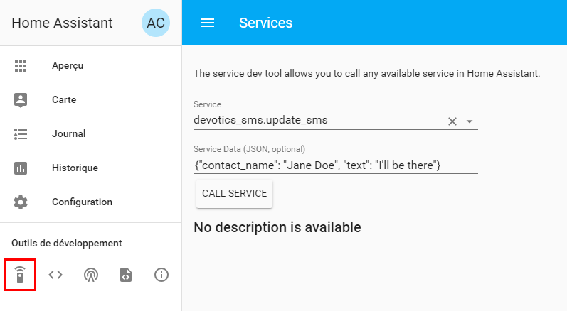 Capture d'écran de l'appel de service Home Assistant, le service "devotics_sms.update_sms" est sélectionné et le champ "Service Data" est rempli avec du JSON.