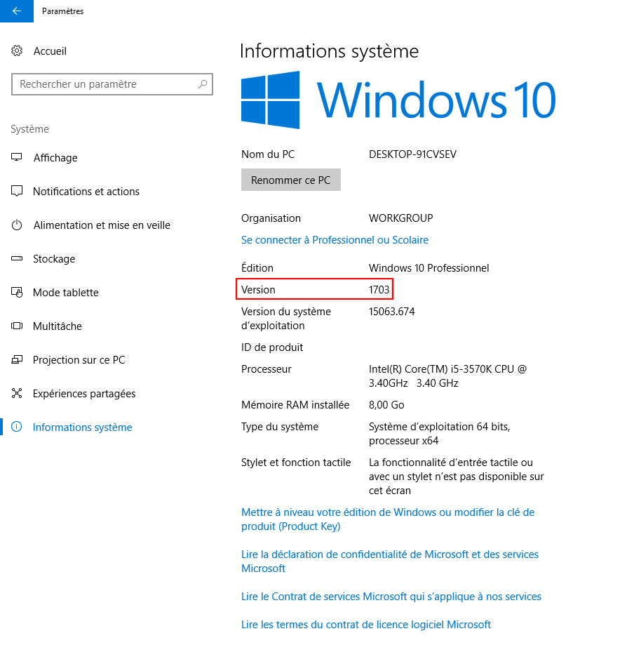 Version de windows