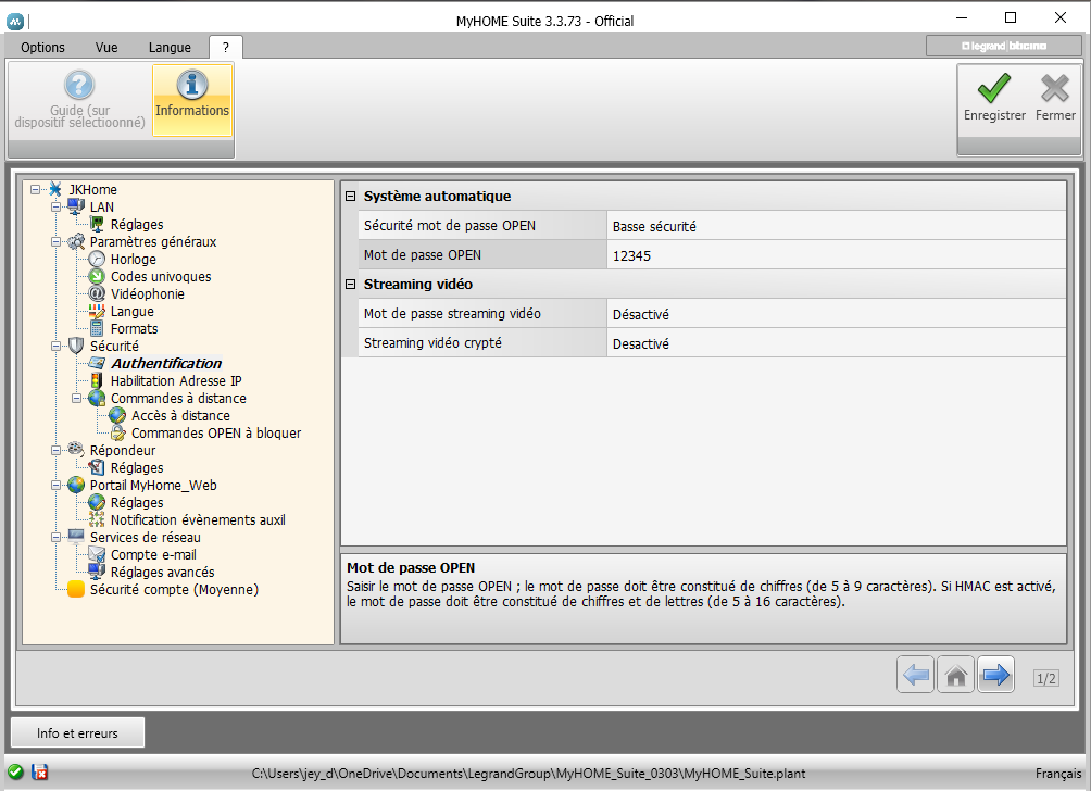 Configuration du mot de passe OPEN