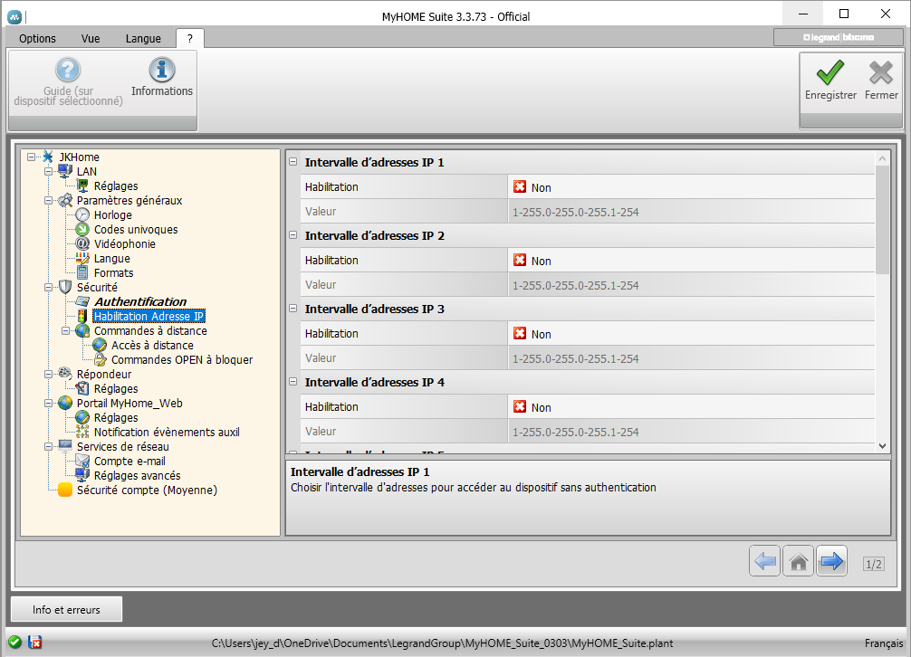 Configuration des exceptions IP