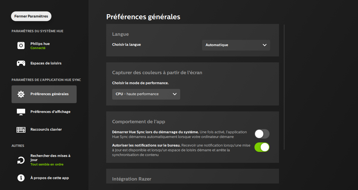 Paramètres de l'application Hue Sync