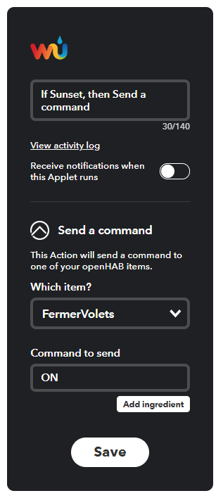 Scénario IFTTT avec openHAB