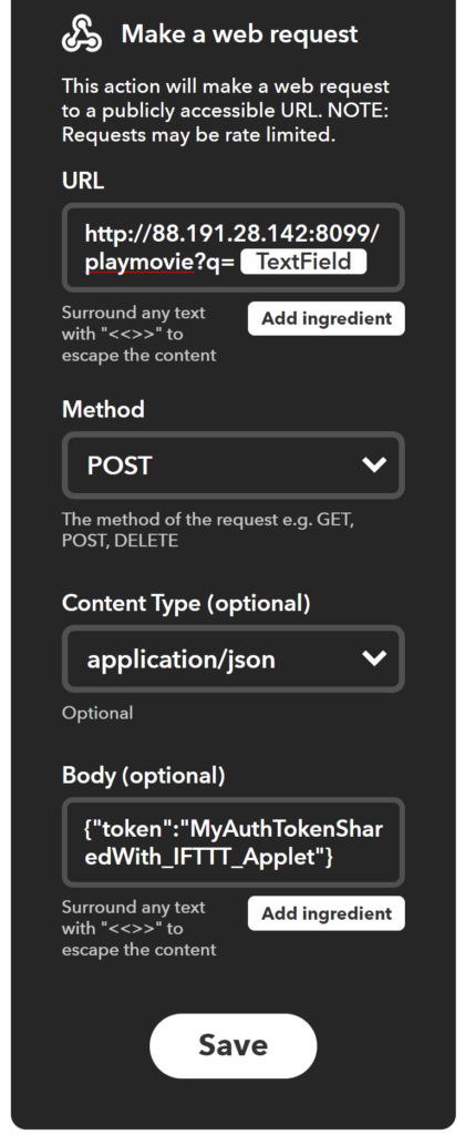Configuration du Webhooks dans IFTTT