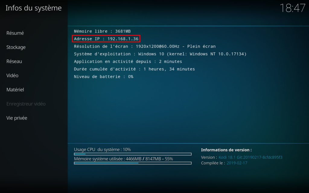 Récupérer l'adresse IP de Kodi