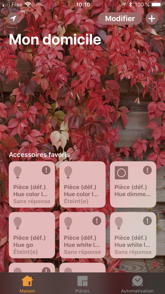 Ecran principal de l'application Maison dans iOS