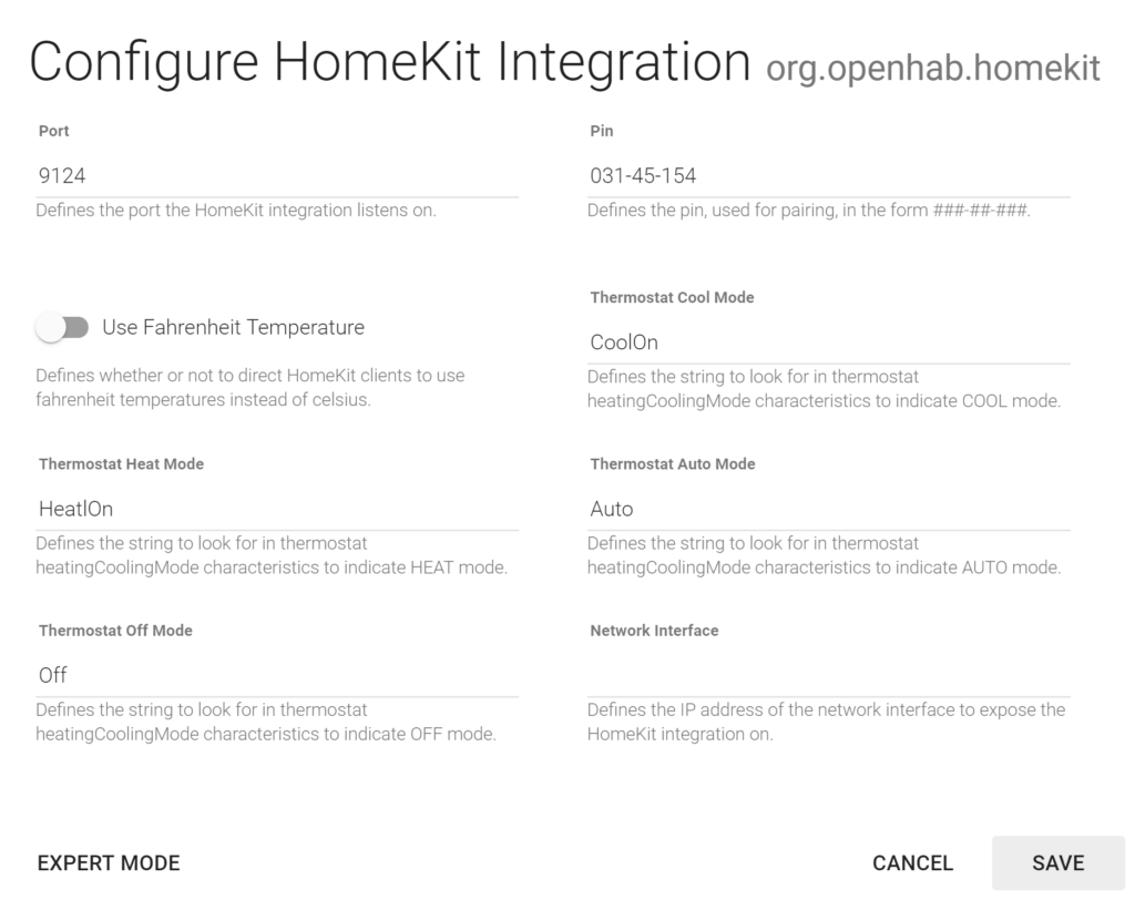 Configuration de l'extension "HomeKit Integration" dans openHAB